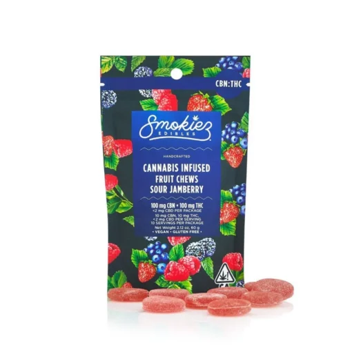 Smokiez Edibles CBN:THC 1:1 Sour Jamberry100mg CBN:100mg THC Fruit Chews
