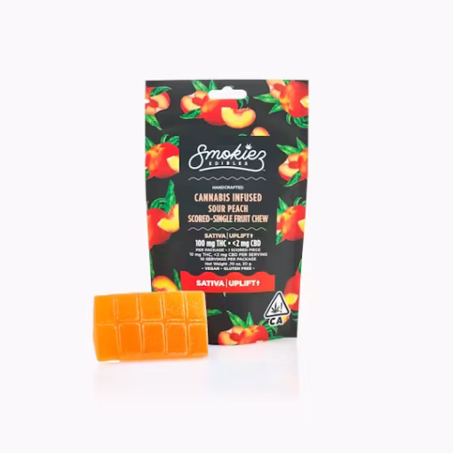 Sativa Sour Peach 100mg THC Fruit Chews - Scored Single Piece - CA